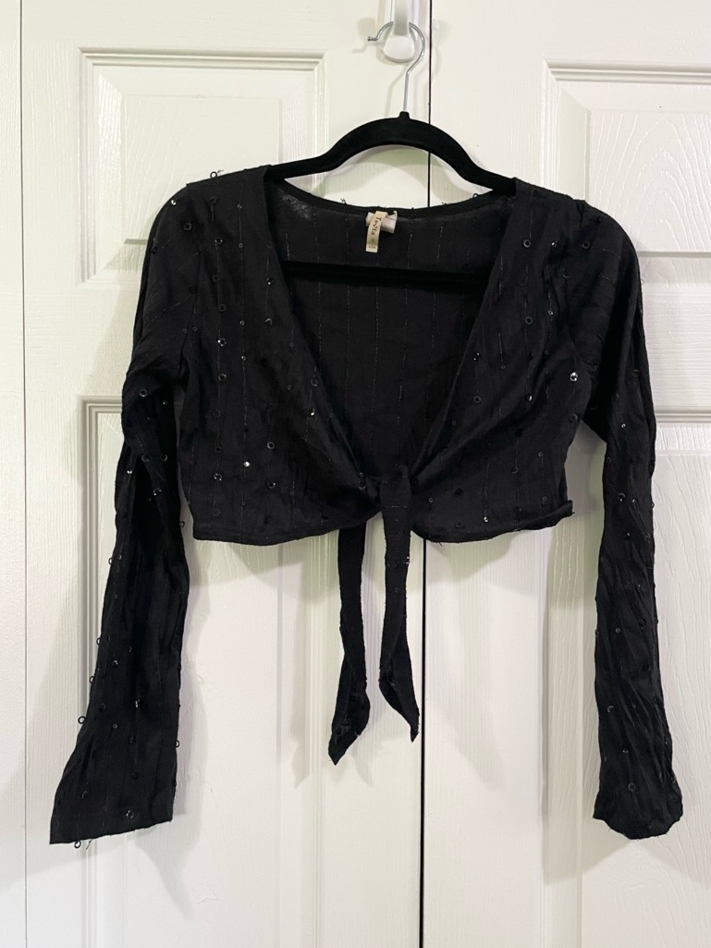 TOVIA Flare Sleeve Tie Front Witchy Sequin Crop Top Size L